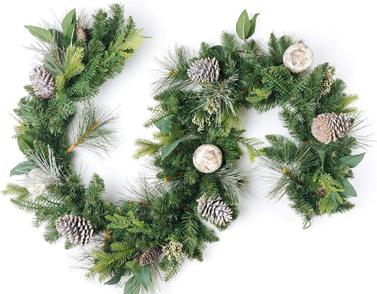 Brooklyn Pine Garland with Grey Pinecones and Birch Christmas Decor Balls